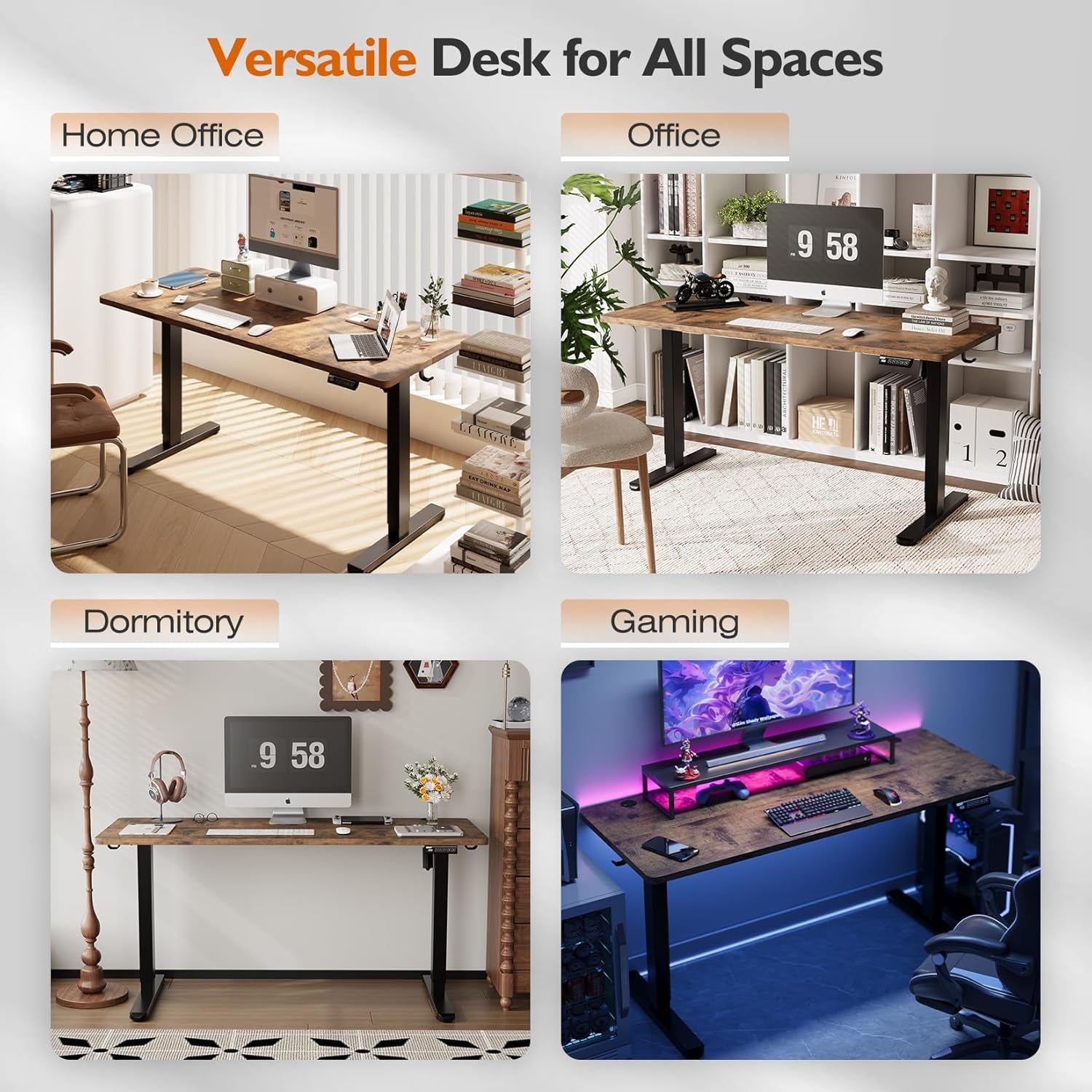 55" Electric Standing Desk,Height Adjustable Home Office Sit Stand up Computer PC Table,Tall Standup Workstation, Gaming, Writing, Study,Bedroom Rising Desks with Two-Piece Desktop,Brown